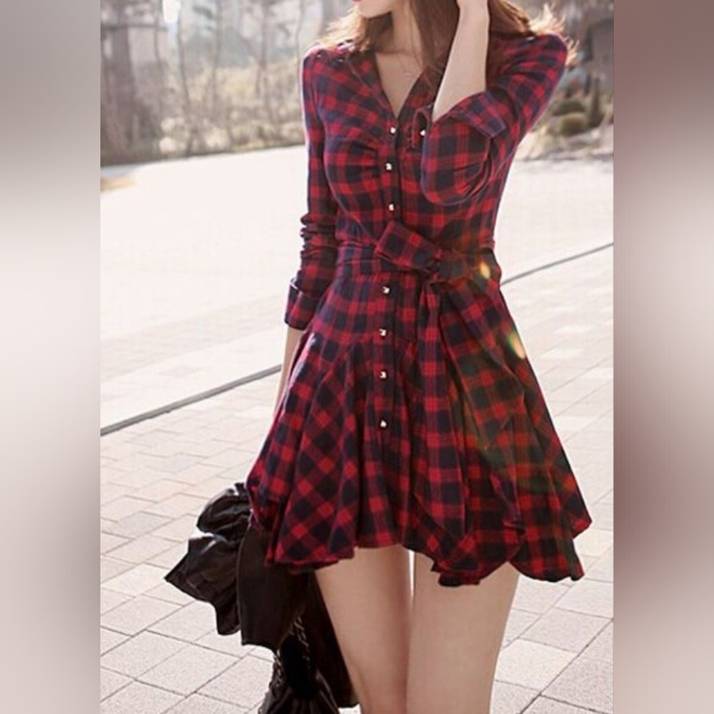 Long sleeved gingham aline mini dress shirt